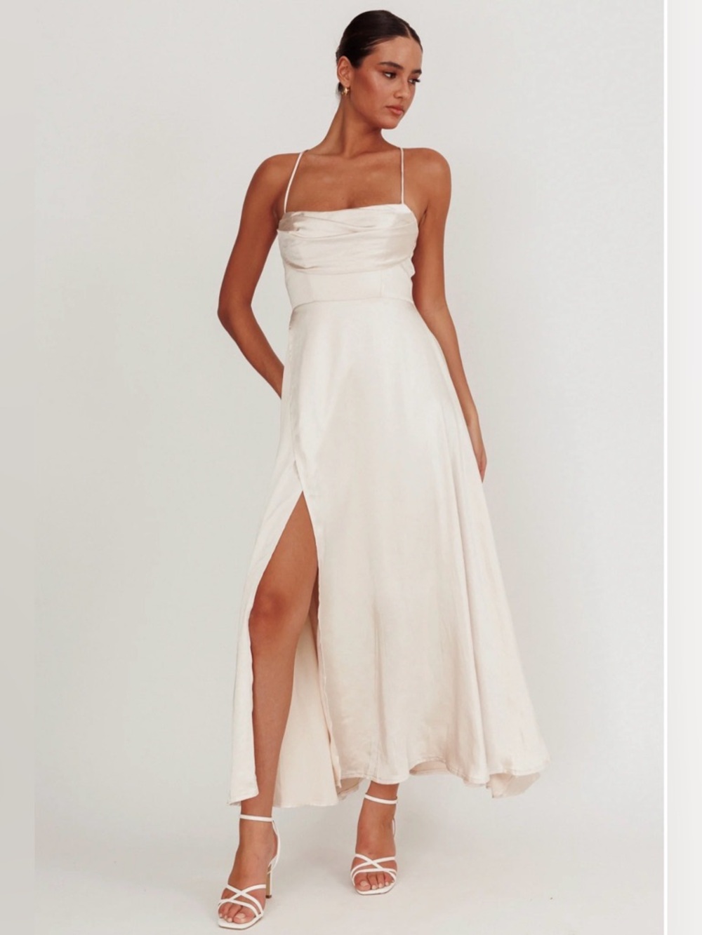 Selfie Leslie Inner Light Gathered Bust Split Maxi Dress Champagne NWT